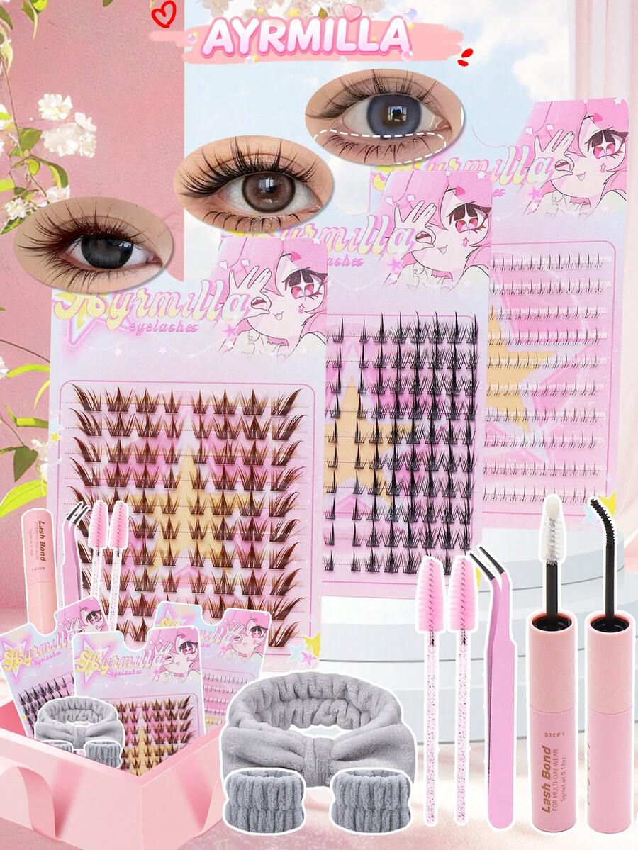 AYRMILLA Mixed Brown Fox-Shaped Elongated Eyelashes And Natural Lower Lashes, High-Volume C-Curl Separated Lash Set - Natural Makeup Lash Extension Kit Includes Lash Glue, Sealer, Makeup Remover, Tweezers, Brush, Headband And Wristband - Self-Curling Lashes, Enhancing Eye Makeup. Highly Recommended - Multicolor - View 1