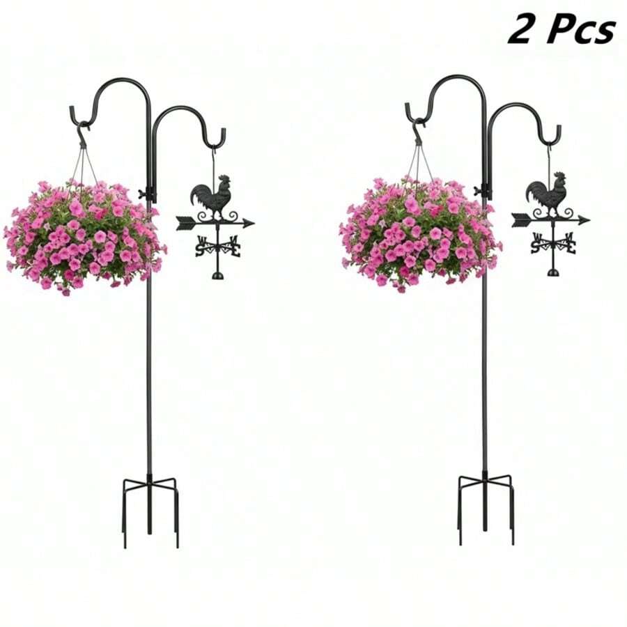 2 Pcs Adjustable Double Shepherds Hook For Outdoor 47 Inch Bird Feeder Pole With 5 Prongs Base, Heavy Duty Garden Hook For Solar Lights Lanterns Bird Cages Weddings Plant Baskets Hummingbird Feeder - 47in-2Pcs - 查看 1