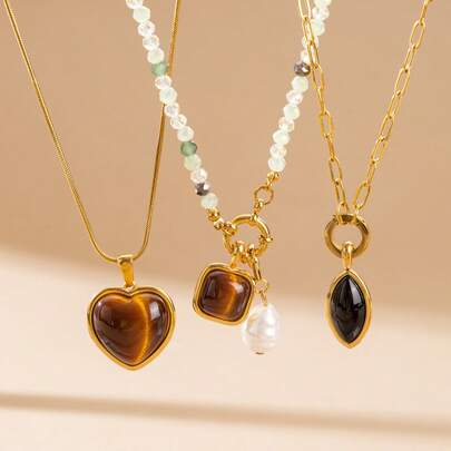 Accesorio de collar con colgante de corazón de acero inoxidable con ojo de tigre creativo, para mezclar y combinar para manualidades DIY