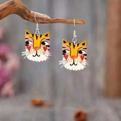 2D Cute Cartoon Tiger Acrylic Earrings | Parents And Children's Activity Dress Up, Small Animal Earrings, Bohemian Style And Elegant Style