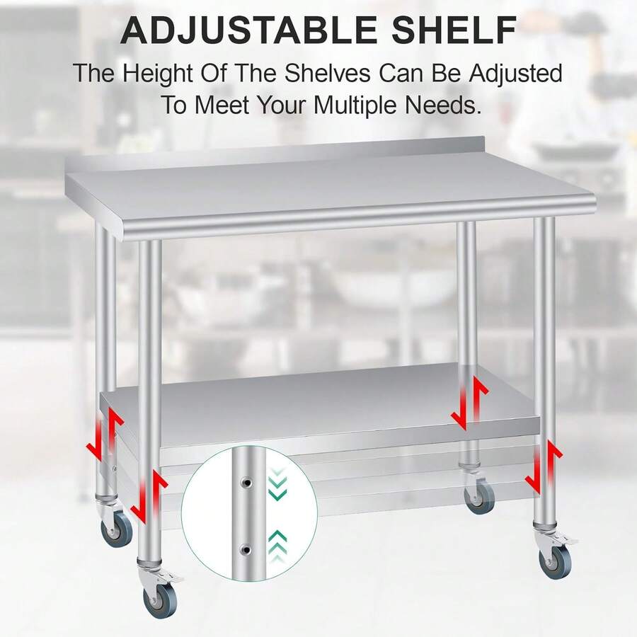 Mesa de Trabajo de Acero Inoxidable Comercial con Salpicadera y 4 Ruedas - Mueble de Cocina Resistente con Estante Ajustable para Negocios y Exteriores - 48 x 24 pulgadas - Ver 1