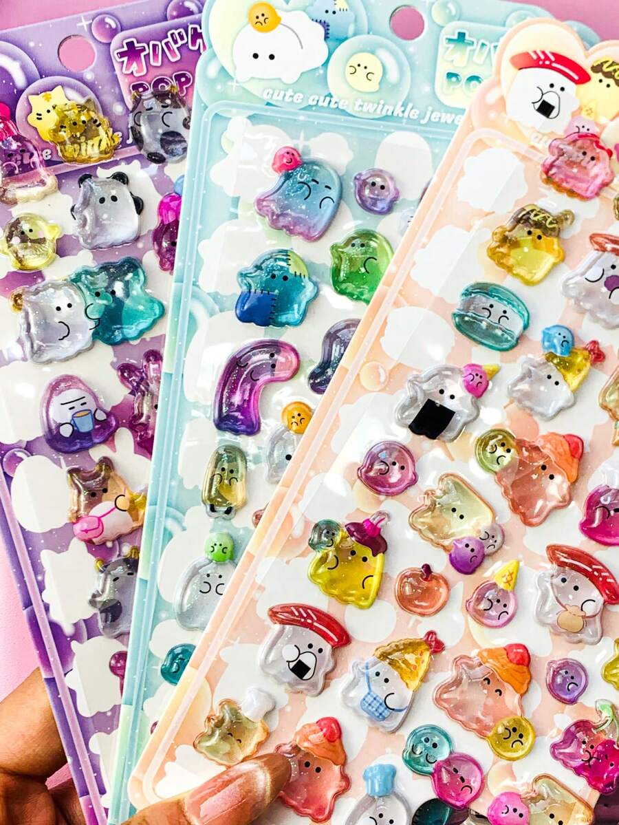 3D水晶贴纸，高透明度水晶材质，耐磨耐刮，强力粘性，色彩鲜艳，可爱卡通设计。适用于手工DIY/手账/手机装饰/相册点缀/笔记本装饰/礼盒包装/节日纪念品/创意装饰材料/生日礼物/手工饰品/卡通收藏贴纸。 - 彩色 - 查看 1