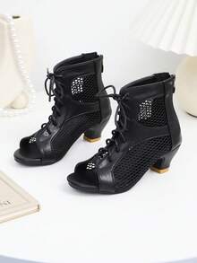 1 Pair Girls' High Heel Sandals, Mesh Hollow Vamp, Bowknot Criss-Cross Straps, Open Toe, Back Zipper Design, Suitable For Parties And Gatherings - Black - View 2