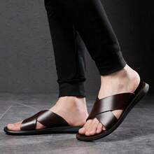 Men's Casual Slide Sandals Faux Leather Cross Strap Open Toe Non Slip Flat Sole Comfort Footwear For Summer Beach Daily Outdoor Wear - 棕色 - 查看 7
