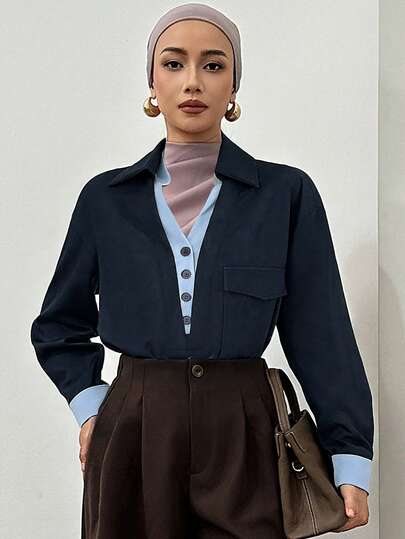 Livesso Women's Casual Contrast Color V-Neck 2 In 1 Shirt