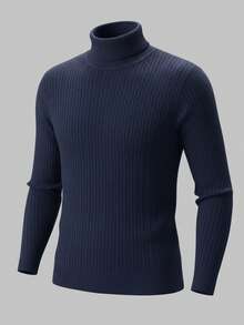 男士时尚扭花图案高领长袖毛衣 - 藏蓝色 - 查看 4
