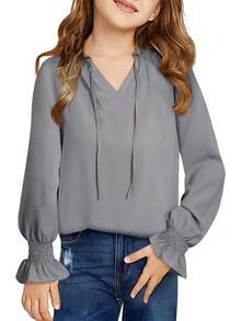 Teen Girls' Casual Blouse - V-Neck Chiffon Shirt With Smocked Cuffs And Long Sleeve - 灰色的 - 查看 1