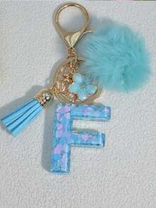 1pc Blue Heart Letter Keychain With Butterfly & Flower Decor, Women Bag Charm, Gift Keyring With Pom Pom Gifts For Mother, Father, Graduation, And Teacher - Baby Blue - View 8