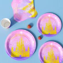 公主城堡一次性餐盘、餐巾纸、杯子套装，派对用品，可供8位客人使用，一次性纸盘，派对餐具，适合生日、婚礼、主题派对、家庭野餐等场合。 - 彩色 - 查看 4