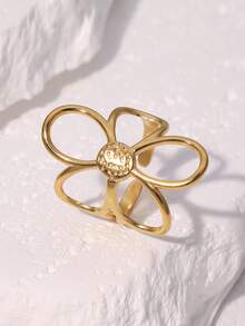 1枚时尚简约优雅镀层不锈钢花朵造型开口戒指，适合女性日常、派对和约会佩戴。 - 彩色 - 查看 4