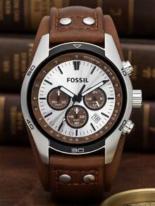 Fossil 男士石英计时腕表，圆形表盘，棕色皮表带，三眼显示，商务休闲风格，适合日常佩戴和作为礼物 - 棕色 - 查看 10