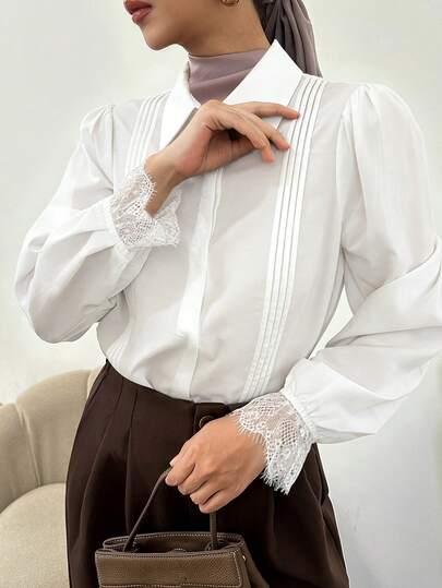 Livesso Women's Elegant Formal Blouse With Solid Color, Loose Pleated Lace Patchwork, Peter Pan Collar, Princess Sleeves, Suitable For Spring And Autumn