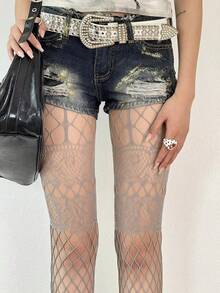 1双复古镂空高街哥特/Emo风渔网袜，性感Y2K坏女孩蕾丝拼接可爱打底裤，2件套分层/渔网灰色镂空+星星印花白色连裤袜，朋克摇滚风长袜，适合派对和庆典 - 彩色 - 查看 4