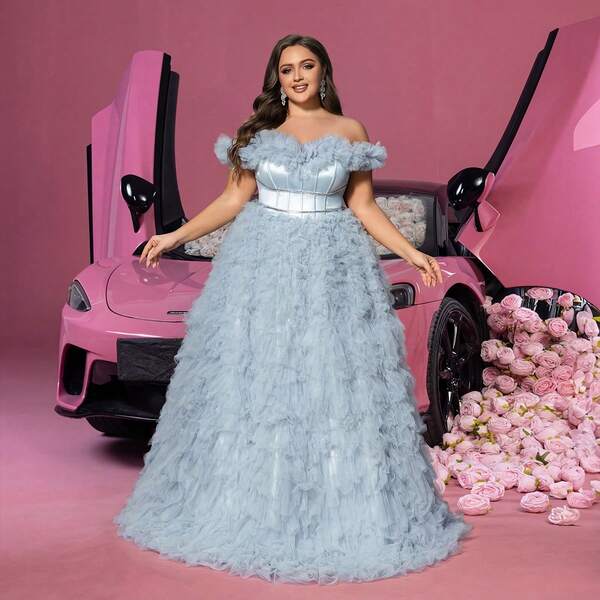 Faeriesty Elegant Satin Off-Shoulder Plus Size Evening Dress, Waist Design, Back Tie, Delicate Ruffle Trim, Fitted A-Line Silhouette, Suitable For Black Tie Galas, Red Carpet Events, Luxury Weddings, Formal Awards Ceremonies, High-End Charity Balls, And Graduation Dances