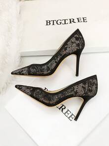 欧美风性感细高跟鞋，尖头网眼镂空蕾丝女士高跟鞋，女士派对鞋 - 黑色 - 查看 4