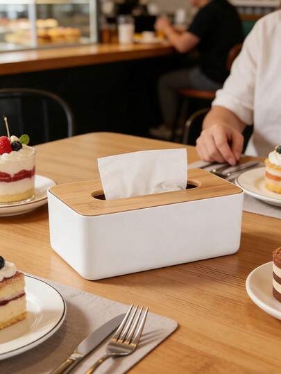 Modern Rectangular Plastic Tissue Box Holder With Unfinished Wood Lid, Creative Storage Dispenser For Home And Office