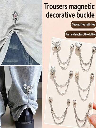 无缝金属裤腿和渔夫帽夹，安装简便，可调节磁性裤腿夹，适用于轻薄衣物。可拆卸裤腿夹，适用于裤子和T恤。可调节裤长夹、裤腿固定夹和磁性扣，适用于阔腿裤。