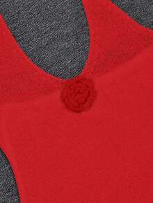 Yueweiniel 优雅V领半透明手工刺绣花卉针织红色吊带连衣裙，侧开衩，修身剪裁，适合夏季海滩、情人节、音乐节等场合。 - 紅色 - 查看 9