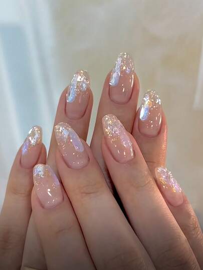 24pcs Short Nude Manicure Set, Square Shaped Glossy Nude Color Nails With Crystal Glitter Accents, Perfect For Women And Girls, Includes 1 Nail File, Essential Manicure Supplies | Elegant Nail Design | Glossy Nail Stickers Nail Art Supplies