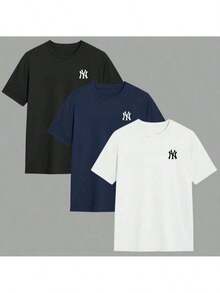 Set Of 3 Men's T-Shirts, 100% Cotton, Crew Neck, Comfortable, Various Colors, Immediate Shipping - 黑色 - 查看 2