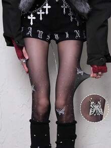 1pc Sweet Butterfly Rhinestone White Sheer Stockings, Thin Gothic Girl Anti-Snag Pantyhose, Handmade Rhinestone Butterfly White/Black Tights, Pure Sweet Y2K Baddie Pantyhose, Grunge Rocker Electronic Girl Knee High Socks - Multicolor - View 2