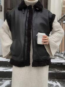 Livesso 女士保暖内衬宽松高领口袋休闲街头风无袖外套，秋冬女式背心外套 - 黑色 - 查看 1
