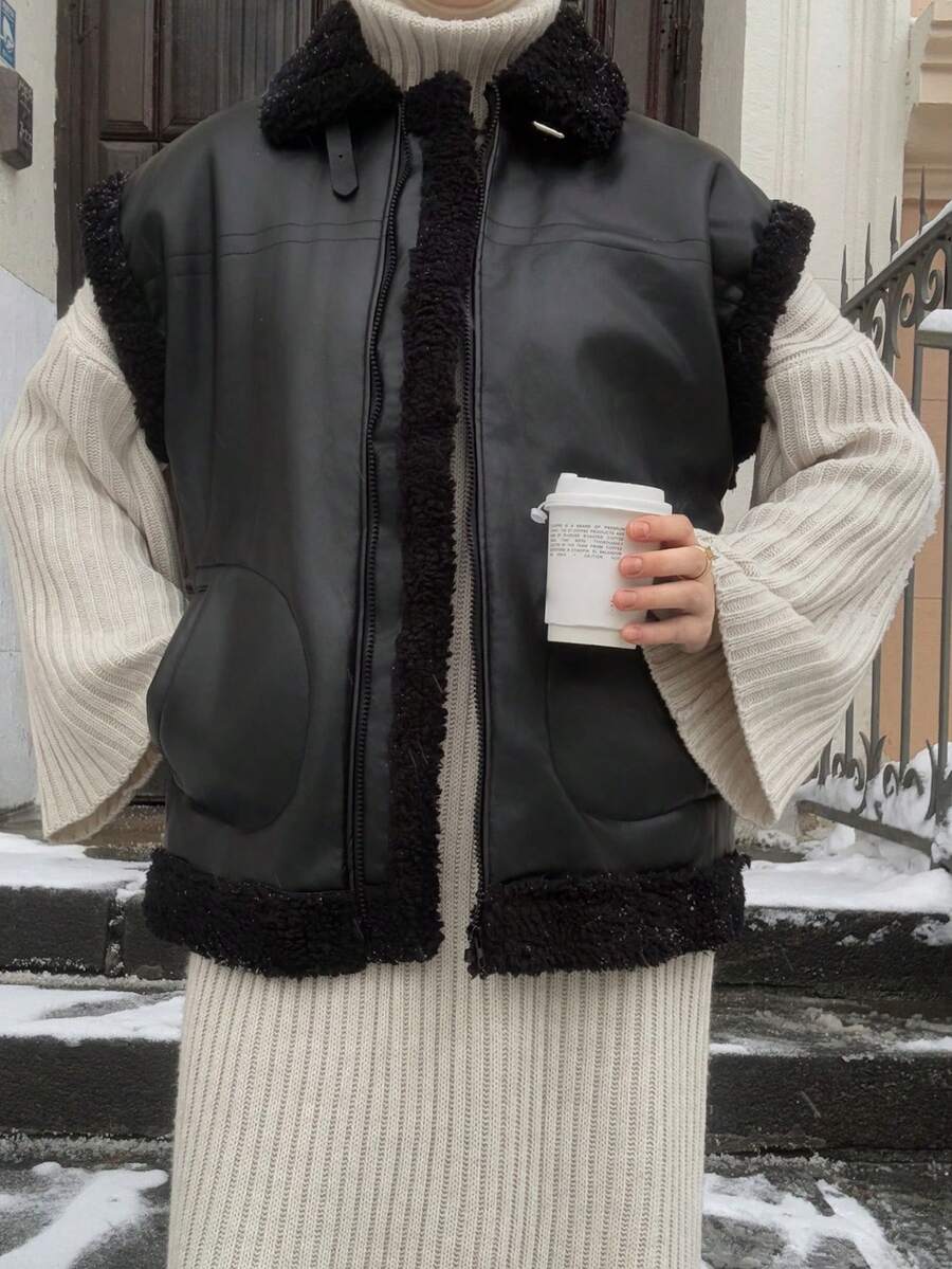 Livesso 女士保暖内衬宽松高领口袋休闲街头风无袖外套，秋冬女式背心外套 - 黑色 - 查看 1