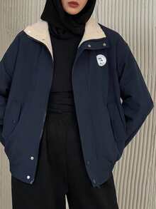 Livesso 印花宽松高领拉链长袖女式外套，秋季女装，保暖内衬 - 藏蓝色 - 查看 8