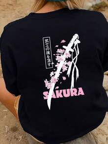 女裝春夏季新款 日系武士劍與櫻花圖案 基礎款休閒舒適透氣寬鬆T卹 適合春季日常及度假穿著，春季、夏季、情人節、婚禮、外出活動、優雅、休閒、度假，「APRES SKI CLUB 」trip hoodie，camisetas invierno mujer，noistamujer，Gujeta ujize，camisetas，satno mujer，Metaamujer， verano，k pop guerreras，ropa mujer，verano mujer，jersey，fiesta，sudaderas de mujer，conjunto mujer invierno，ropa verano mujer，verano mujer，y2k，mujer， curve，ropa curvy mujer，sudadande，aallas，dandea，curvy mujer，sudaderande，aallas，dandea，curvy mujer，sudaderande，aallas，ropa curvy mujer，sudaderna， curve，vacation，casual，deporte，top negros elegantes - 黑色 - 查看 2
