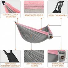 AnorTrek Hamaca de camping, súper ligera y portátil de paracaídas con dos correas para árbol, individual o doble de nailon de viaje para camping, mochilero y senderismo - Gris&Rosa - Ver 3