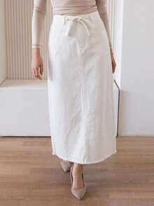 Livesso 女士抽绳系腰超长休闲牛仔裙 - 白色 - 查看 3