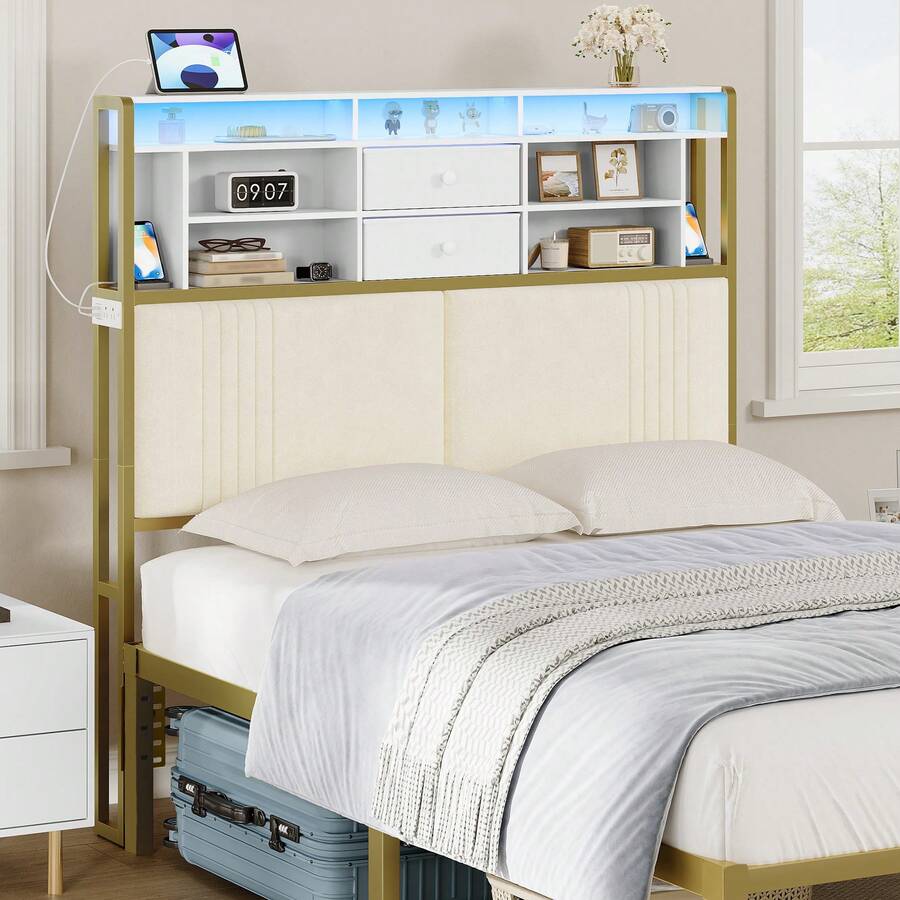 HEXCELEN Headboard With 3-Tier Storage Shelves, Velvet Upholstered Headboard With Outlet, 2 USB Ports & LED Light, Headboards Full Size Bed With Two Fabric Drawers, White And Gold - 白色 - 查看 1