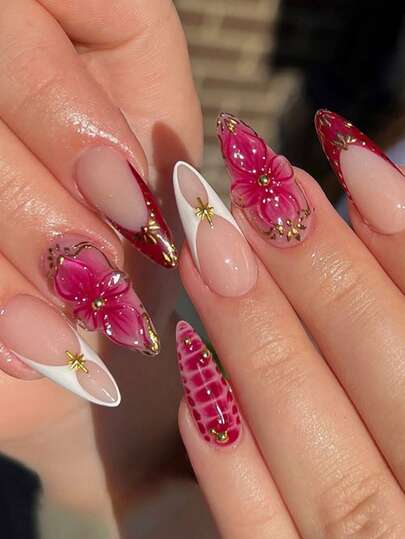 Sanrio 24pcs Medium Almond Shaped False Nails Set, Vintage, Elegant, Formal, Fashionable, Casual, Minimalist And Fresh Styles With 3D Floral Patterns And Golden Pearl Decorations