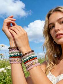 5/10/20/50/100颗水晶珠手链套装 - 多种时尚8毫米宝石珠，可调节弹力绳 - 男女通用多层设计，适合日常佩戴、派对和送礼 - 彩色 - 查看 9