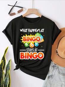 What Happens At Bingo Stays At Bingo Graphic T-Shirt For Women, Oversized Crewneck Tees Casual Wear, Spring Cotton Tops Short Sleeve, Summer Basic Tees, Funny Clothes For Women - 黑色 - 查看 2