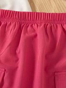 2件套女童休闲卡通印花落肩短袖上衣和纯色口袋设计半身裙，春夏款 - 玫紅色 - 查看 8