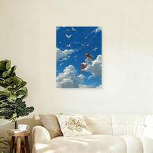 Framed [ Flat] 1pc Whimsical Girl Swinging Among Clouds & Seagulls Canvas Wall Art - Bohemian Style, Wooden Frame, Indoor Decor For Living Room, Bedroom, Office, Dining Room, Bar - Ideal Gift, Indoor Wall Decor|Bohemian Style Art|Wooden Frame Art, Wall Decor - Framed - 查看 5