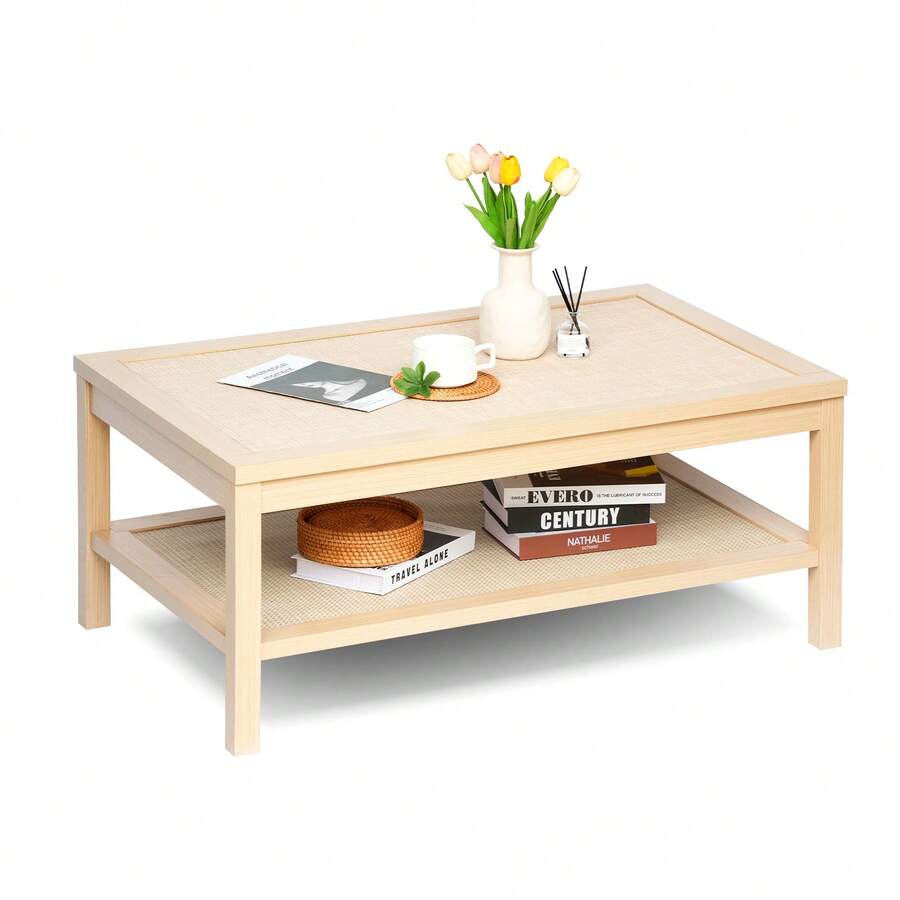 CXRYLZ Rectangular 2 Tier Rattan Coffee Table With Dual Rattan Storage Shelves Natural Wood Grain Boho Style Tea Table For Living Room Home Office Light Oak - Natural Wood Color - View 1