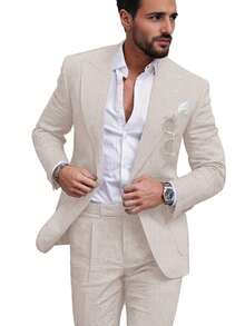 Bộ vest nam Furuyal bằng vải lanh, áo khoác và quần, dáng ôm, cài khuy đơn, thích hợp cho các dịp thường ngày, công sở, tiệc tùng. - Màu be - Xem 1