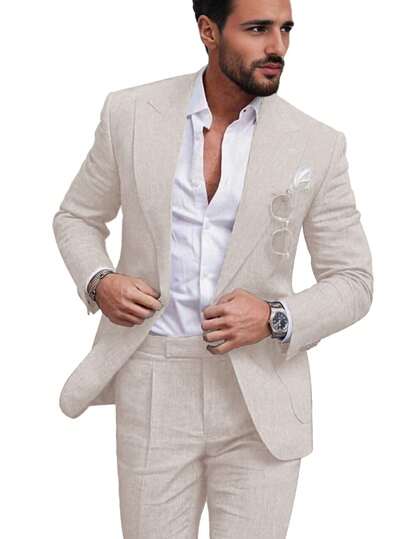 Furuyal Men's Linen Suit Set, Jacket And Pants, Slim Fit Single-Breasted, Casual Formal Business Party