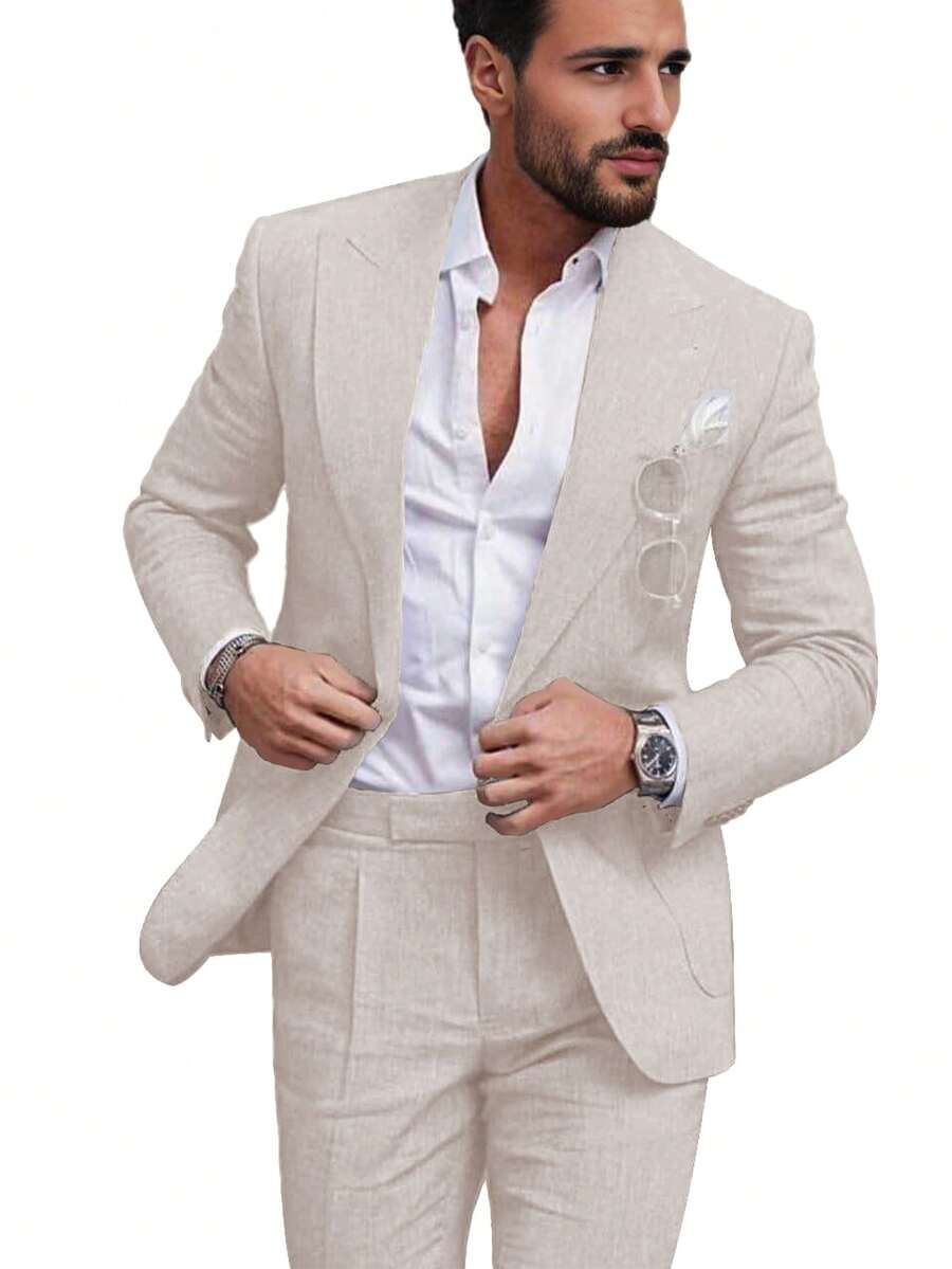 Bộ vest nam Furuyal bằng vải lanh, áo khoác và quần, dáng ôm, cài khuy đơn, thích hợp cho các dịp thường ngày, công sở, tiệc tùng. - Màu be - Xem 1
