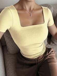 Casual Elegant Short Sleeve Crew Neck Top, Suitable For Daily Wear, Commuting, Going Out, Spring/Summer - Yellow - View 2