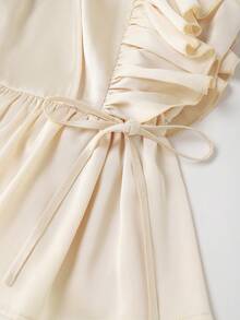 优雅法式短袖衬衫，女士夏季新款时尚独特设计荷叶边无袖衬衫 - 香檳色 - 查看 4