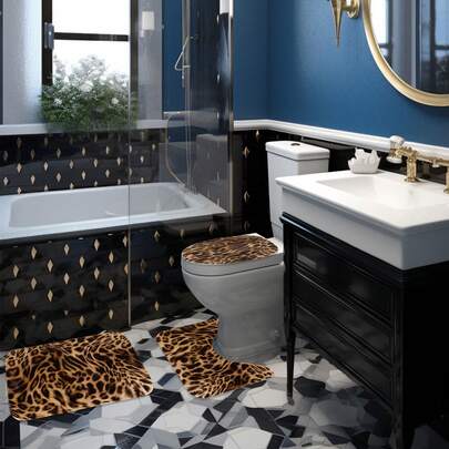Juego de 3 piezas de alfombras de baño antideslizantes con diseño de rosas amarillas, leopardo rojo y cebra para el dormitorio y la tapa del inodoro