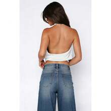 Women's Light Blue Halter Crop Top - Plunge Neck Wrap Front Backless Blouse For Date/Party OutfitsMultiple Colors - 白色 - 查看 4