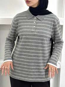 Livesso Women's Loose Fit Contrast Striped Polo Collar Long Sleeve Casual Knit Sweater, Spring/Autumn - Grey - View 1