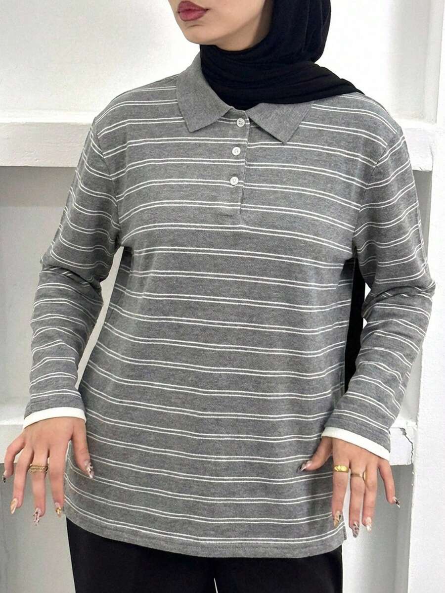 Livesso Women's Loose Fit Contrast Striped Polo Collar Long Sleeve Casual Knit Sweater, Spring/Autumn - Grey - View 1