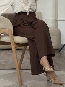 DAZY Pantalones anchos y sueltos de unicolor casual para mujer con cordón y cremallera, para otoño - Café integral - Ver 4