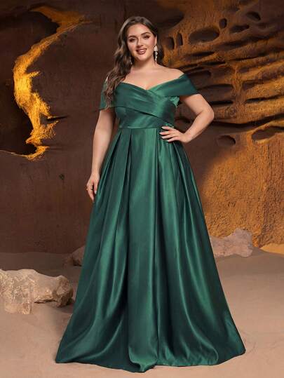 Faeriesty Plus Size Women's Elegant Off-Shoulder Long Party Dress, Featuring Cross Neckline And Waist Ruching Design, Silky Satin Fabric, Suitable For Valentine's Day, Formal Parties, Charity Galas, Weddings, Garden Parties, Elegant Celebrations