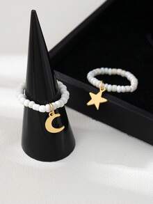 2pcs/Set Minimalist Glass Bead Star & Moon Rings, Personalized Rings Suitable For Daily, Party, Festival, Ramadan, Eid Al-Adha In Middle East - Gold - View 1